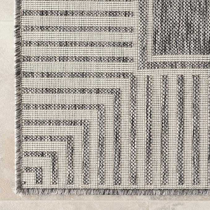 nuLOOM 6' 7" x 9' Outdoor Area Rug, Casual Design with Striped Border, Stain Resistant, Highly Durable, for Patio, Balcony, Bedroom, Living Room, Dining Room, Bathroom, Steel