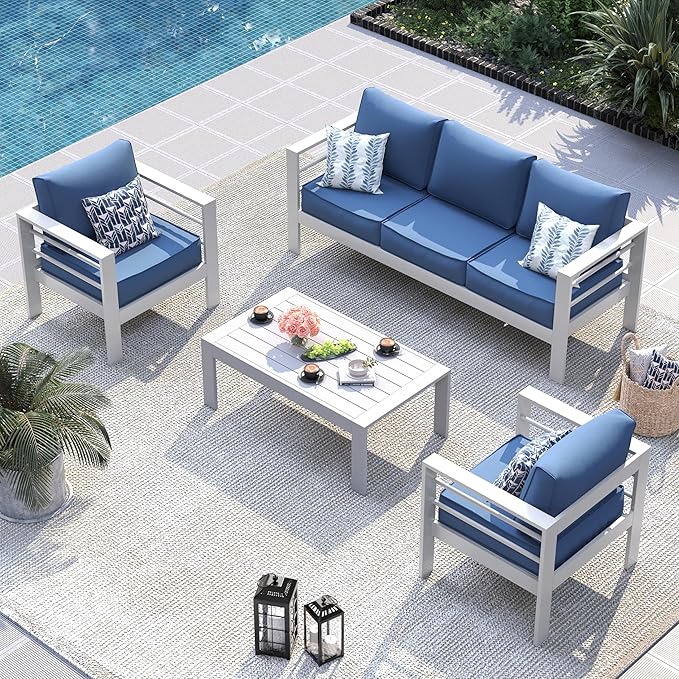 UDPATIO 6 Piece Aluminum Patio Furniture Set, Oversized Modern Outdoor Furniture Set with Olefin Fabric Cushion for Patio Deck Backyard, White/Navy(with Waterproof Covers)