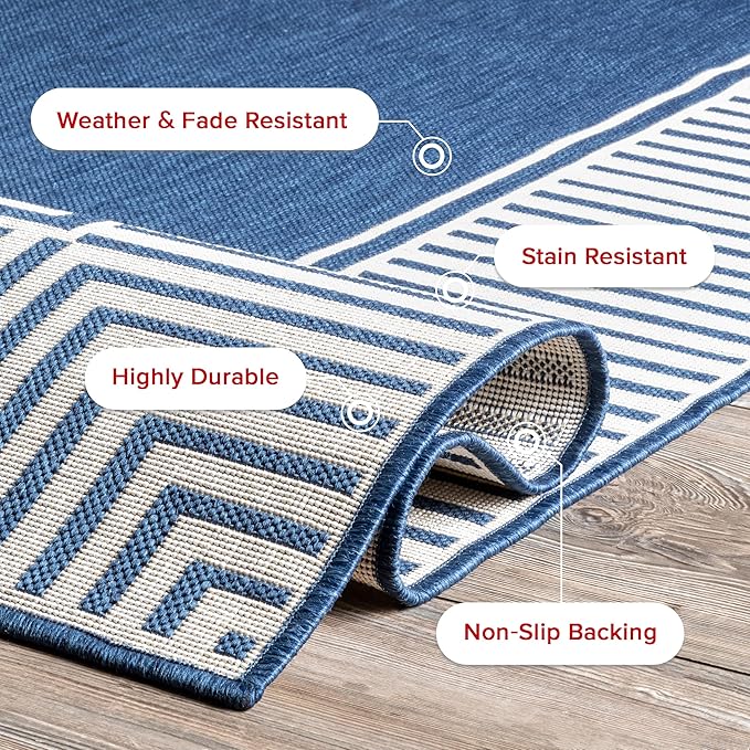nuLOOM 3'6" x 5' Outdoor Area Rug, Casual Design With Striped Border, Stain Resistant, Highly Durable, For Patio, Balcony, Bedroom, Living Room, Dining Room, Bathroom, Navy