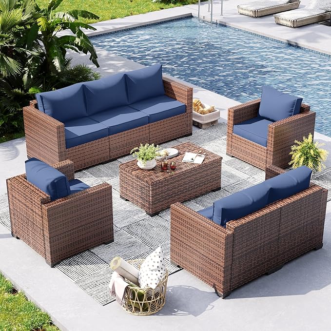 UDPATIO 5 Piece Outdoor Furniture Set, Oversized Armrest Patio Furniture Sets with Storage Table No-Slip Cushions Waterprool Covers for Poolside Deck Backyard Navy