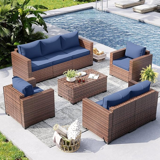 UDPATIO 5 Piece Outdoor Furniture Set, Oversized Armrest Patio Furniture Sets with Storage Table No-Slip Cushions Waterprool Covers for Poolside Deck Backyard Navy
