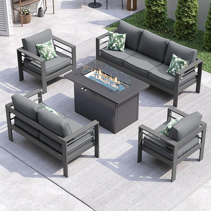 UDPATIO 6 Piece Aluminum Patio Furniture Set with Aluminum Fire Pit Table,Mordern Outdoor Furniture Set with Water-Proof Cover Included, Dark Grey