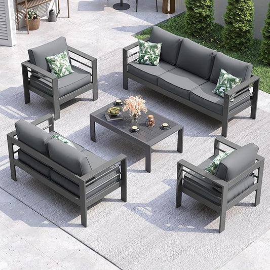 UDPATIO 8 Piece Aluminum Patio Furniture Set, Oversized Modern Outdoor Furniture Set with Olefin Fabric Cushion for Patio Deck Backyard, Dark Grey(with Waterproof Covers)