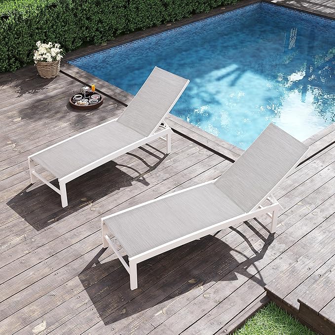 Chaise Lounge Chair, Set of 2 Outdoor Recliner Lounge Chair Sun Loungers, All Weather Chaise with 5 Adjustable Backrest and Lay Flat Positions for Garden, Balcony, Pool, White and Beige