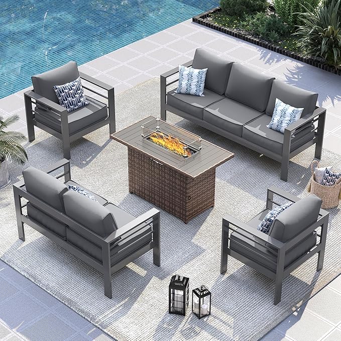 UDPATIO 8 Piece Aluminum Patio Furniture Set with Wicker Fire Pit Table,Mordern Outdoor Furniture Set with Water-Proof Cover Included, Dark Grey