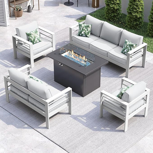 UDPATIO 6 Piece Aluminum Patio Furniture Set with Aluminum Fire Pit Table,Mordern Outdoor Furniture Set with Water-Proof Cover Included,White