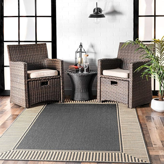 nuLOOM 9'6" x 12' Outdoor Area Rug, Casual Design With Striped Border, Stain Resistant, Highly Durable, For Patio, Balcony, Bedroom, Living Room, Dining Room, Bathroom, Dark Grey