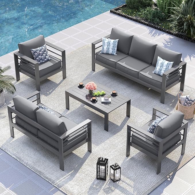 UDPATIO 8 Piece Aluminum Patio Furniture Set, Oversized Modern Outdoor Furniture Set with Olefin Fabric Cushion for Patio Deck Backyard, Dark Grey(with Waterproof Covers)